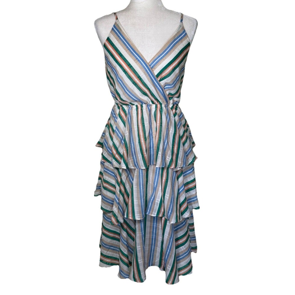 entro Striped Tiered Midi Dress in Blue, Green, Tan, White